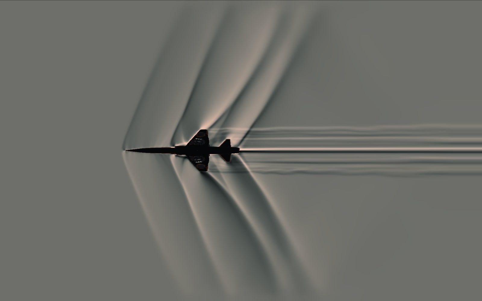 Synthetic schlieren of a supersonic airframe: bow shock off the nose, wing and tail shocks folding into the Mach cone